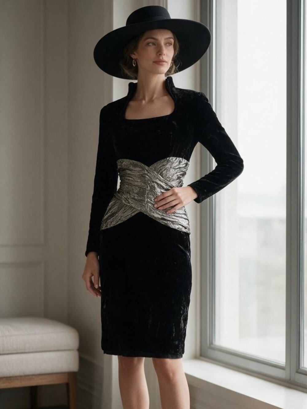 DESIGNER RICHARD WARREN BLACK GOLD LAME DETAIL LONG SLEEVE VINTAGE EVENING DRESS